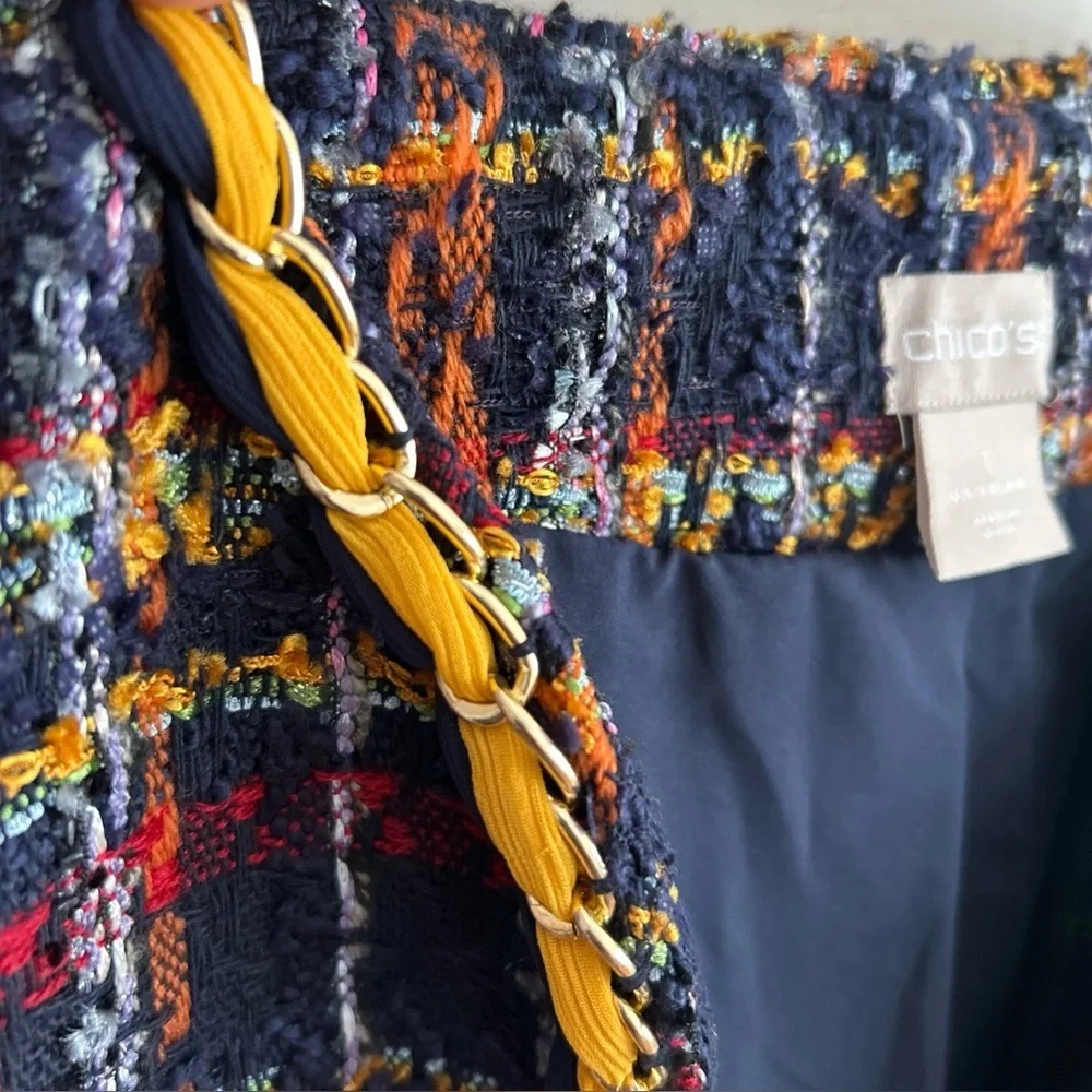 Vintage Chicos Tweed Multicolor Preppy Holidays Chain Open Coat Size 1 - Picture 5 of 12
